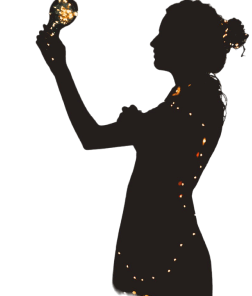 Silhueta de uma mulher segurando uma lampada e com alguns pontos de luz pelo corpo